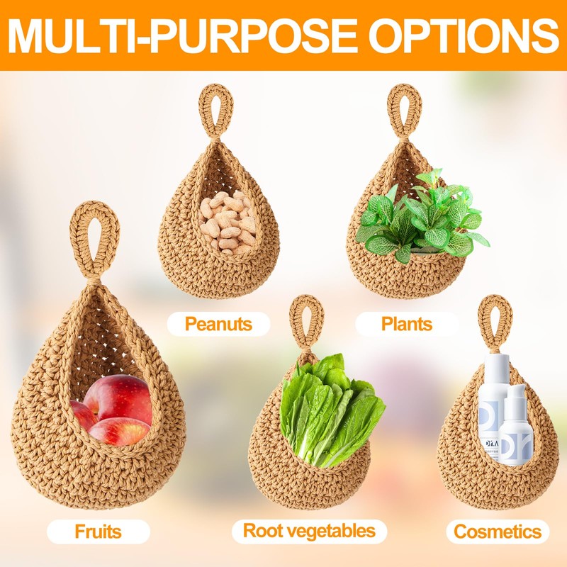 Pack of 2 Hanging Fruit Baskets, Braided Hanging Basket Kitchen