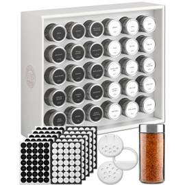 BOURBON & BARREL Wooden Spice Rack Organizer with Glass Jars | Stainless Steel Lids | Bamboo Countertop Spice Organization | 350 Waterproof Spice Labels | 2 Chalk Markers | 30 4oz Jars [White]