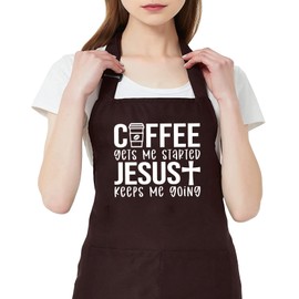 GXVUIS Coffee Gets Me Started Jesus Keeps Me Going Women Apron with 2 Pocket Waterproof Adjustable Bib Apron Christian Gift, Brown, regular