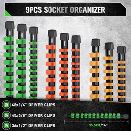 SWANLAKE Organizer Socket Holder, 9PCS 1/4-Inch x 48 Clips, 3/8-Inch x 45 Clips, 1/2-Inch x 36 Clips, Premium Quality Socket Clip Rail Holder