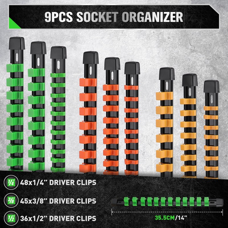 SWANLAKE Organizer Socket Holder, 9PCS 1/4-Inch x 48 Clips, 3/8-Inch