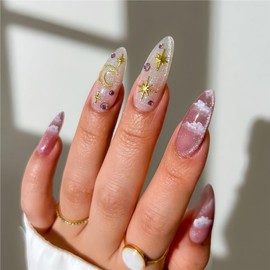 Long Press on Nails Almond Fake Nails French False Nails Gold Star Artificial Nails with Moon Designs Stick on Nails for Women 24pcs