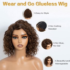 Joedir Bob Human Hair Wigs for Black Women Wear and Go Wig Water Wave Wig Afro Curly HD Lace C Parting Glueless 12 Inches 180% Density (P4/30)