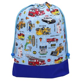 miwaki Bag04 L Gymnastics Clothing Bag, Boys, Drawstring Bag, Large, Travel Pouch, Gusset, Elementary School, Kindergarten, Nursery, Name Tag, Made in Japan, working car big light blue