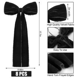 Daifunli 8 Pcs Christmas Velvet Ribbon Bows Large Fringe Holiday Tree Topper Vintage Raw Edge Bow for Christmas Tree, Stocking, Ornament, Xmas Rustic Craft Home Decor(Black,8.7 x 17.7 x 3 in)
