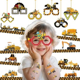 112pcs engineering car tattoos stickers and party glasses combination set，Birthday Party Decorations Favors Supplies Gifts Boys Girls Cute Fake Tattoo School Prizes Carnival Theme（Engineering car）