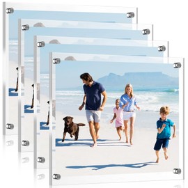 Yalikop 4 Pcs Acrylic Floating Picture Frame 8.5 x 11 Inches Wall Mount Frameless Photo Frames Double Panel Clear for Home Office Photo Display, Full Size 9.6 x 13.2 Inch (Silver)