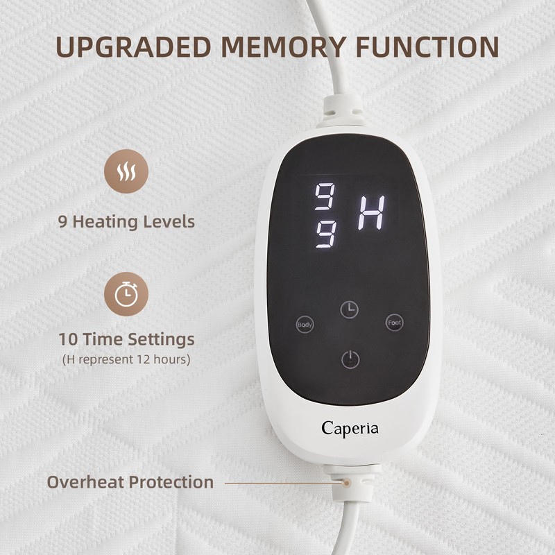 Caperia Twin XL Waterproof Heated Mattress Pad, 9 Heat Settings,