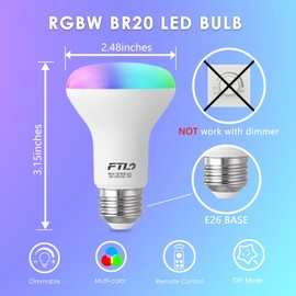FTL R20 Color Changing Light Bulb with Remote Control, BR20 LED Bulb Dimmable RGB Colored Light Bulbs 7W=60W, 30 Colors, 2700K-6000K, Timer, Color Flood Light Bulbs for Recessed Can Lighting, 6-Pack