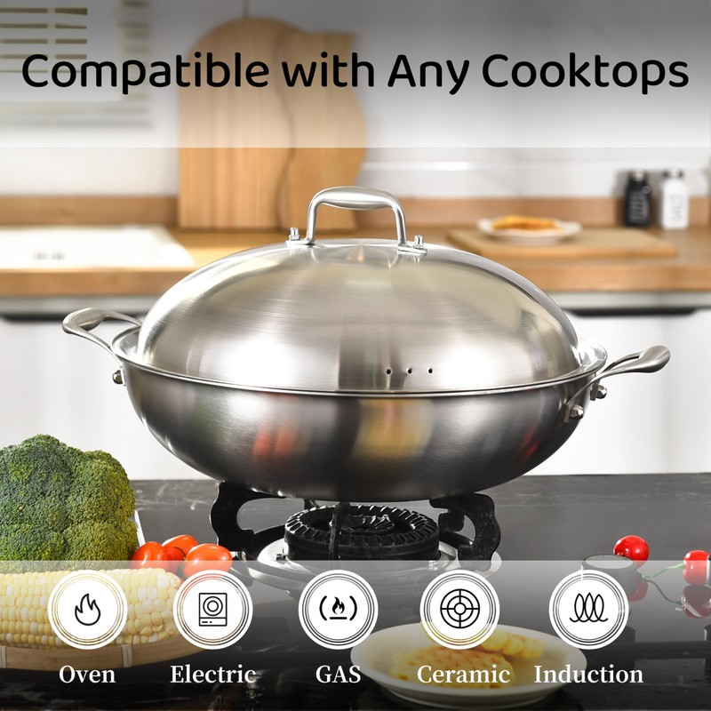 14.5 Inch Stainless Steel Wok with Steel Lid | Jumbo