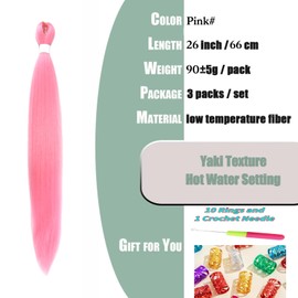 Lbsiwi Pre Stretched Braiding Hair Pink EZ Braiding Hair Ombre Braids 26 Inch 3 Packs Hot Water Setting Professional Synthetic Fiber Yaki Texture Itch Free Crochet Twist Hair Extensions