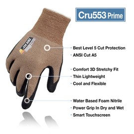 DEX FIT Level 5 Cut Protection Gloves Cru553; 3D Comfort Fit, Firm Grip, Thin and Lightweight, Touchscreen Compatible, Durable, Breathable and Cool, Washable, Prime Brown M (8), 1 Pair