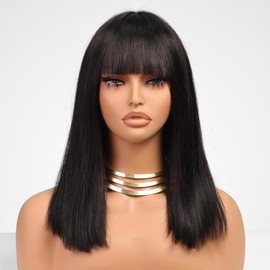 ELLORS 14 Inch Bob Wig Human Hair With Bangs Glueless 2x1 HD Lace Wigs, Short Wigs For Women Yaki Straight