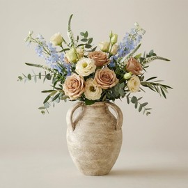 WUSEI Rustic Watertight Ceramic Flower Vase for Home Decor, Three Handle Pottery Vase, Hand Textured Decorative Vase for Fresh or Dried Flowers, Farmhouse Wabi Sabi Decor (Stone Vein)