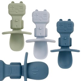 3 Pack Silicone Baby Feeding, Self Feeding 6+ Months, Robot Silicone Baby Spoons, First Stage Training Spoon, BPA Free, Baby Led Weaning Spoon with Anti Choke Barrier, Soft Tips (Blue)