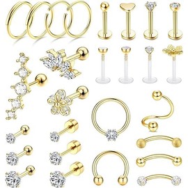 Generic - 27 aretes de cartílago de 16 g para mujeres y hombres, acero inoxidable, para hélice, tragus, piercing de caracola, joyería dorada, Acero inoxidable, Circonia cúbica
