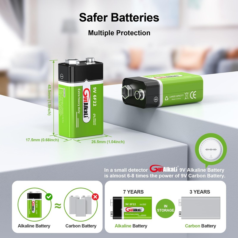 GutAlkaLi Batteries 9V Block Battery, 6 Pieces, Longlife Power for