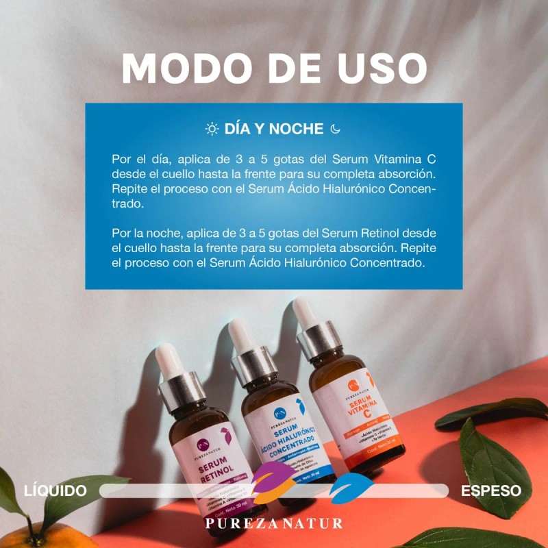 PUREZA NATUR Kit Serum facial Acido Hialurónico, Vitamina C y