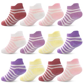 ELUTONG Non-Slip Socks Baby Stopper Socks Baby 12 Pairs ABS Socks Children Non-Slip Socks for 0-12 Months 1-5 Years Girls Toddlers, 02 Striped Six Tone