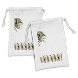 Lunarable Peacock Fabric Pouch Set of 2, Exotic Peacock Feathers Symbolizing Guidance for Soul Boho Ethnic, Small Drawstring Bag for Toiletries Masks and Favors, 9" x 6", Geen White Teal