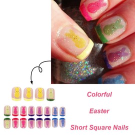24 Pcs Colorful Easter Press on Nails with Easter Cute Rabbit Designs Short Square Shaped Fake Nails Glitter Easter Bunny False Nails Full Cover Acrylic Nails Stick on Nails for Women Nail Art DIY