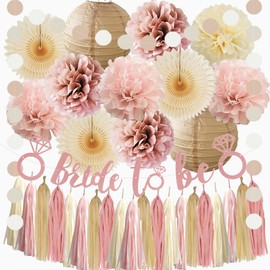 Fall Boho Bridal Shower Decorations Dusty Pink Champagne Gold Beige Bachelorette Party Decorations Rustic Bride to Be Banner Rose Gold Tissue Pom Poms with Cream Tassel Garland for Wedding Party
