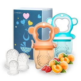 Chupones/Chupetes Ergonómicos para Frutas, Papillas y Cereales con Seguro y Tapa Protectora Libre de BPA, Dibujos Animados, 2 Piezas Unisex de 4m+ (Monkey - Azul y Monkey - Naranja)