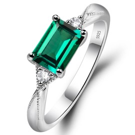 LuoJewelry LUO 925 Sterling Silver Emerald Cut 0.87 CT Created Emerald Ring East To West Promise Ring May Birthstone Ring for Women US Size 9