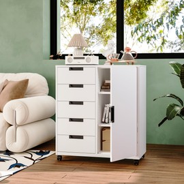 MIIIKO 5 Drawer Storage Cabinet with Door and Shelf, Mobile Lateral Cabinet on Wheels, Office Small Organizer Printer Stand, White File Cabinets