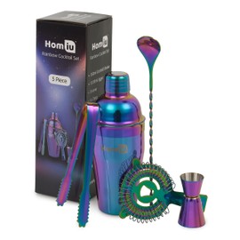 Homiu, Qualitatives Edelstahl Cocktail – Shaker Set (550ml) mit Rainbow Design, schillernder Edelstahl, 5- teilig: Sieb, 2 Messbecher (15/30ml)