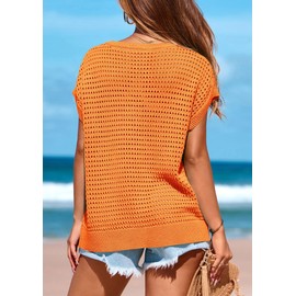 PRETTYGARDEN Womens Spring Tops 2025 Summer Shirts Crochet Cap Sleeve Sweater Pullover Cute Beach Vacation Clothes(Orange,Small)