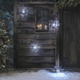 Lights4fun Christmas Outdoor Set of 4 Dual Colour Micro LED Starburst Hanging Light Decorations Plug In Timer with Remote Control 30cm