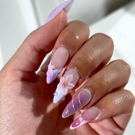 3D Flower Press on Nails Medium Almond Fake Nails with Floral Pearl Designs Purple Pink Acrylic Nail Tips Curve Line Artificial Nail Cute Handmade False Nails Summer Glue on Nail for Women