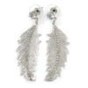 Silver Tone Clear Crystal Delicate Feather Drop Earrings - 50mm