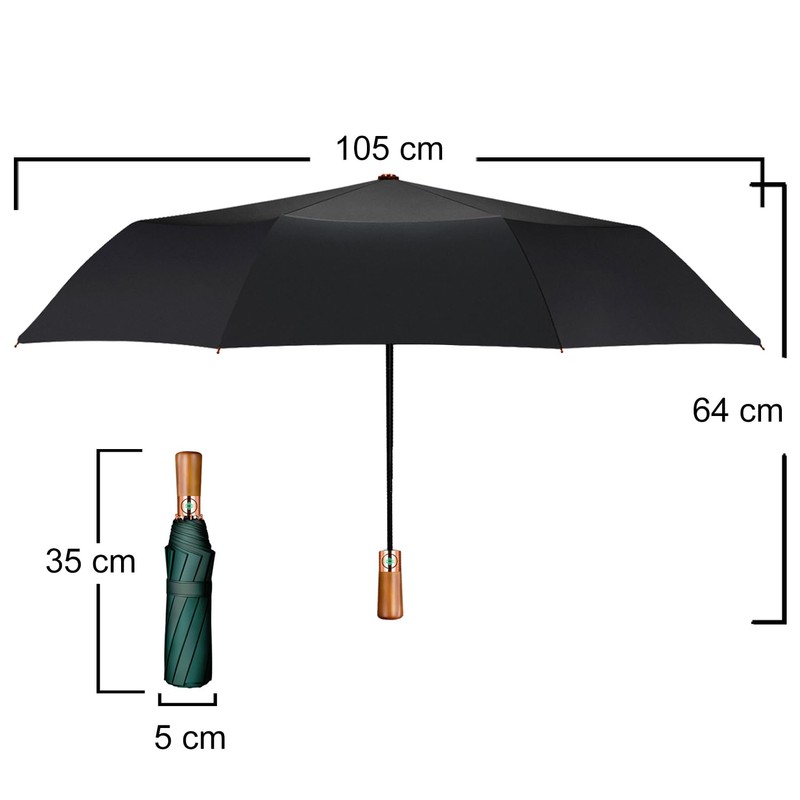 Yaneno Windproof Travel Folding Umbrella Compact Light Real Wood Handle