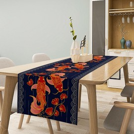 Japanese Koi Table Runner,Traditional Asian Style Print Table Runner for Kitchen Dining Table Home Party Decoration 13x72 Inch