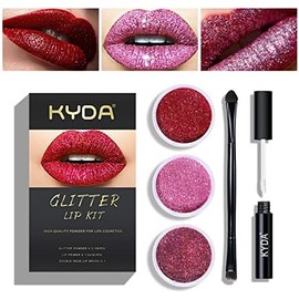 KYDA Kit De Labios Con Glitter De 3 Colores, Polvo Metálico Diamante De Alta Pigmentación Para Labios, Maquillaje De Labios Con Glitter, Con Prebase
