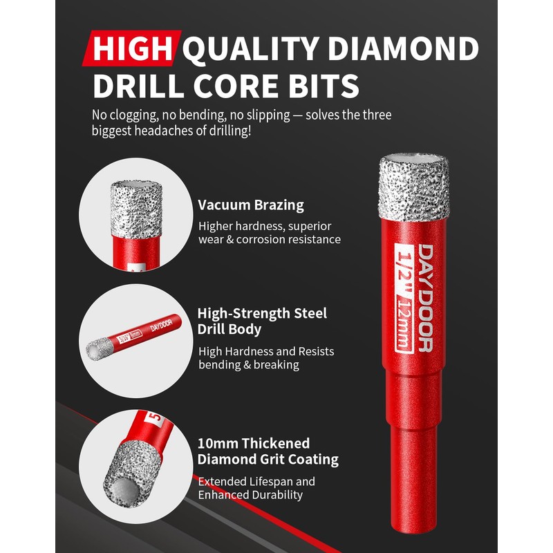 Dry Diamond Drill Bits, 3/16" 1/4" 5/16" 3/8" 1/2" Tile