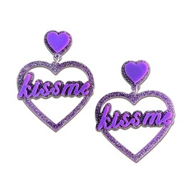 JeanBeau Purple Heart Dangle Earrings for Women Teen Girls –Large Double Sparkly Acrylic Hearts Kiss Me Earings Dangling TS Lover Concert Outfit Accessories Jewelry Fans Gift