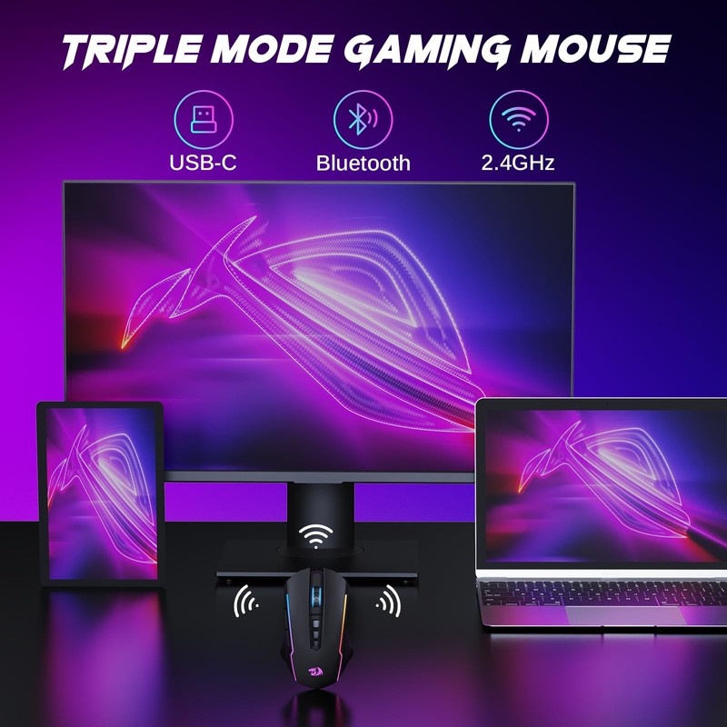 Redragon Wireless Gaming Mouse, Tri-Mode 2.4G/USB-C/Bluetooth Mouse Gaming, 10000 DPI,