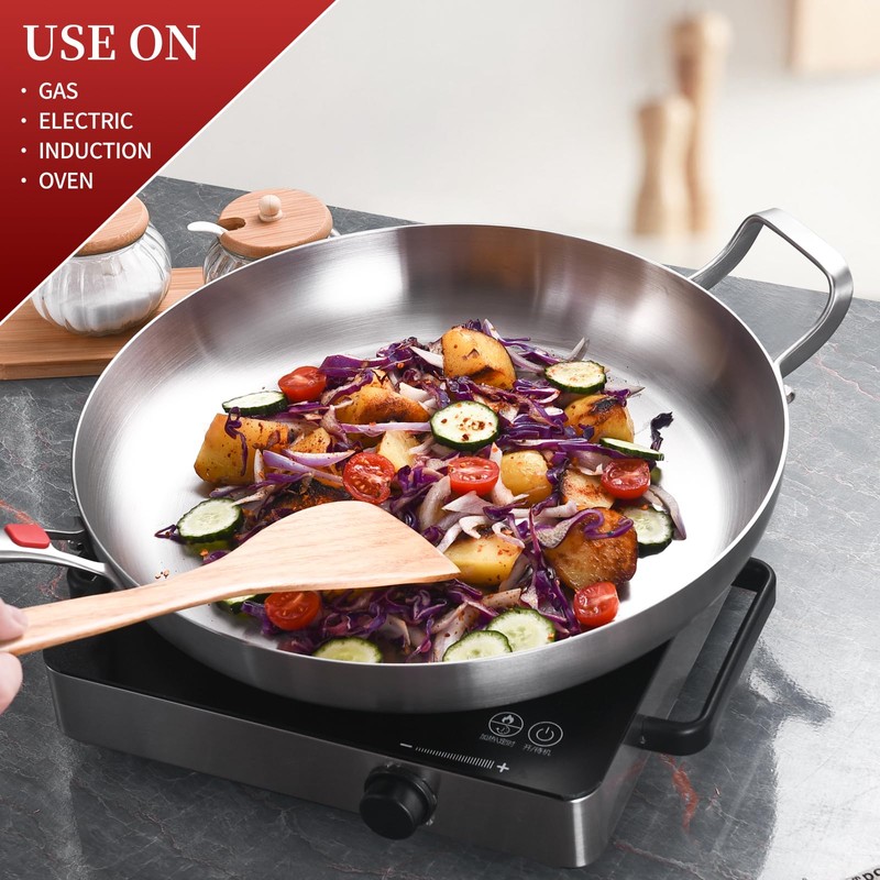 Inqibee 13-Inch Tri-Ply Stainless Steel Frying Pan with Lid and