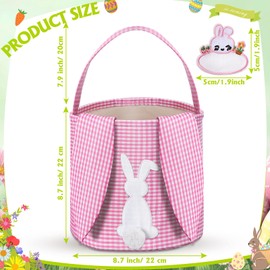 Clysee Easter Baskets Bunny Basket with Name Tag, Rabbit Ear Easter Stuffer Basket, Classic Gingham Easter Gift Storage, Gifts Buckets for Easter Egg Hunts Party Decoration Supplies(Pink)