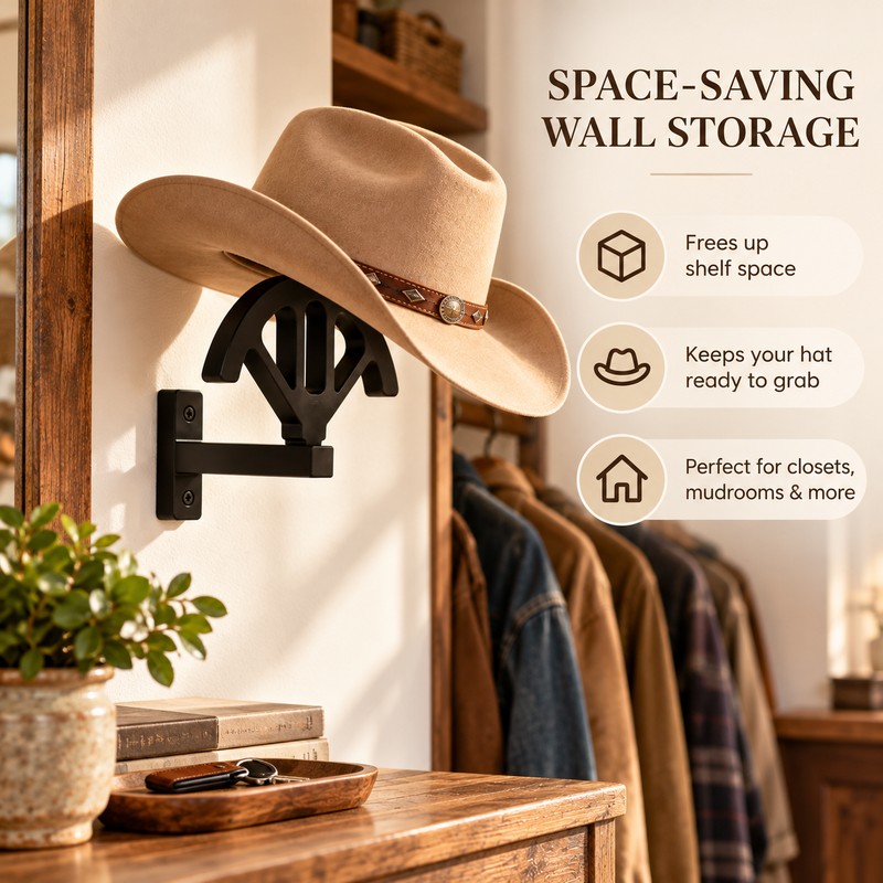 Wooden Cowboy Hat Rack – Adjustable Wall-Mounted Hat Holder for