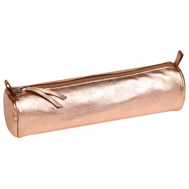 Clairefontaine - Ref 8687C - Metallic Leather Round Pencil Case - 5.5 x 5.5 x 22cm, Genuine Soft Lamb Leather Outer & Suede Interior, Metal Zipper - Copper