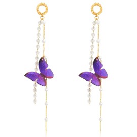JNONL Elegant Bohemian Long Sparkly Crystal 3D Butterfly Dangle Drop Earrings Cute Fashion Pearl Tassel Butterfly Animal Stud Earrings for Women Statement Wedding Jewelry Gifts (Purple)