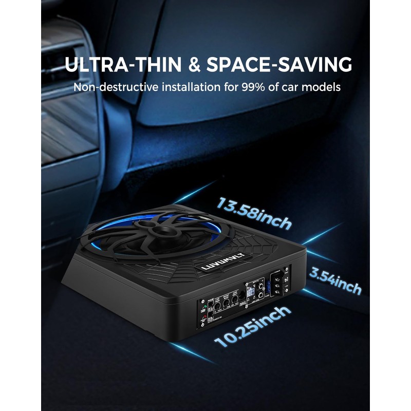 LUVUMVLT 1200W 10" Car Subwoofer, Slim Under Seat Powered Subwoofer