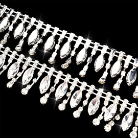 1 Yard Rhinestone Fringe Trim, Teardrop Crystal Fringe for Wedding Dress Decor, DIY Sewing, Dance Costume, Multi-Color Rhinestone Chain (Fringe Trim 2)