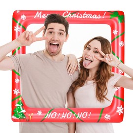 LASLU Merry Christmas Inflatable Selfie Photobooth Frame Red and Green, Christmas Picture Selfie Photo Booth Props Frame, Christmas Party Photo Pose Sign, Xmas Party Supplies Decorations