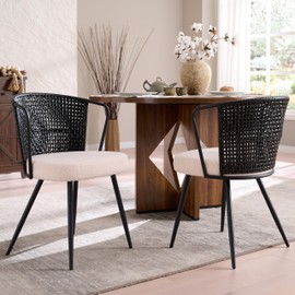 BedsPick Rattan Dining Chair Set of 2 - Farmhouse Upholstered Cane Back Kitchen Chair with Boucle Cushion, Wingback Dining Room Seat with Metal Legs for Home, Kitchen (Black)