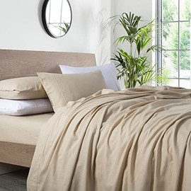 Royal Hotel Bedding Vintage Belgian Flax Linen and Cotton Blend Sheet Set, Hypoallergenic Pre-Washed Linen Cotton, Cool Breathable Percale Weave 150 GSM - 4pc Bed Sheet Set, Queen, Linen